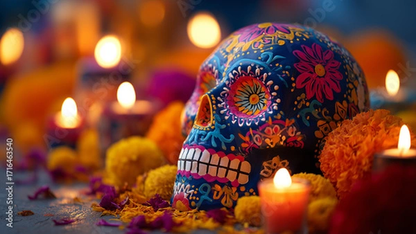 Fototapeta Colorful Sugar Skull and Candlelit Altar for Day of the Dead Celebration