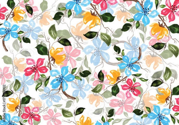 Fototapeta seamless allover abstract floral pattern with abstract blue background flowers texture,Digital textile design