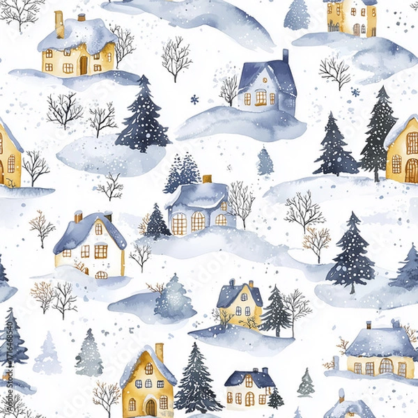 Fototapeta Winter wonderland scene snowy village pattern design digital art aerial view cozy atmosphere