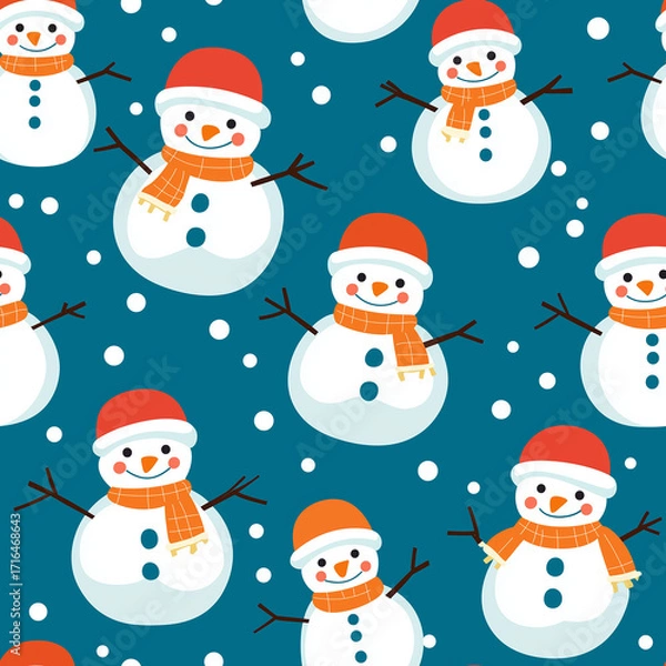 Fototapeta Cheerful snowman pattern winter wonderland digital background festive decor flat lay whimsical art for holiday celebrations