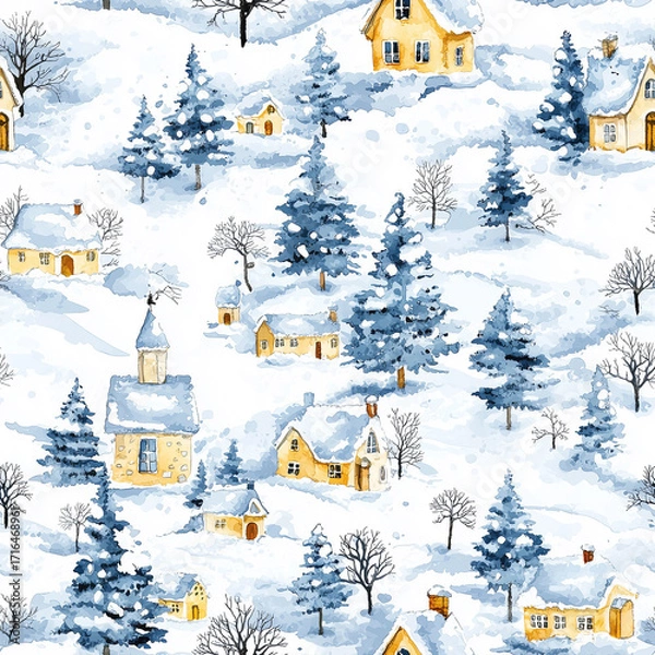 Fototapeta Watercolor pattern of a snowy village with cottages, church steeples, and pine trees blanketed in winter snow, creating a cozy festive landscape