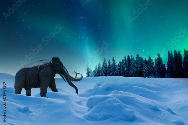 Fototapeta Winter Arctic landscape. Mammoth statue against the backdrop of the northern lights.
