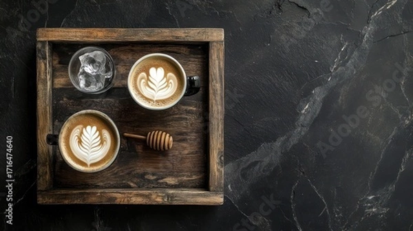 Fototapeta Latte art display on wooden tray
