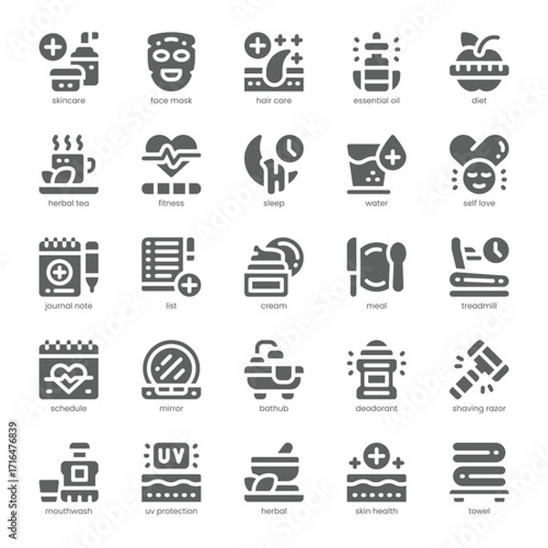 Fototapeta Selfcare Routine Icon pack for your website, mobile, presentation, and logo design. Selfcare Routine Icon solid design. Vector graphics illustration and editable stroke.