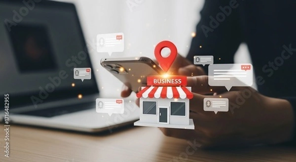 Fototapeta Hands using smartphone with 3D store, location pin, laptop, and chat bubbles symbolizing online business growth