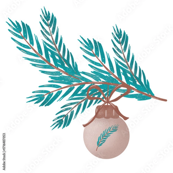 Obraz Decorative turquoise spruce branch with a beige Christmas ball. Winter design element, isolated, suitable for templates, paper, and print. Hand-drawn illustration.