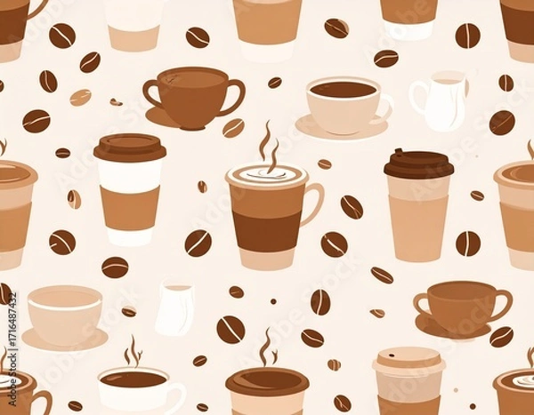 Fototapeta Seamless vector pattern featuring coffee cups, coffee beans, takeaway cups, and steam icons. Flat minimalist style with warm neutral colors (brown, beige, cream). Clean lines and simple shapes, arrang