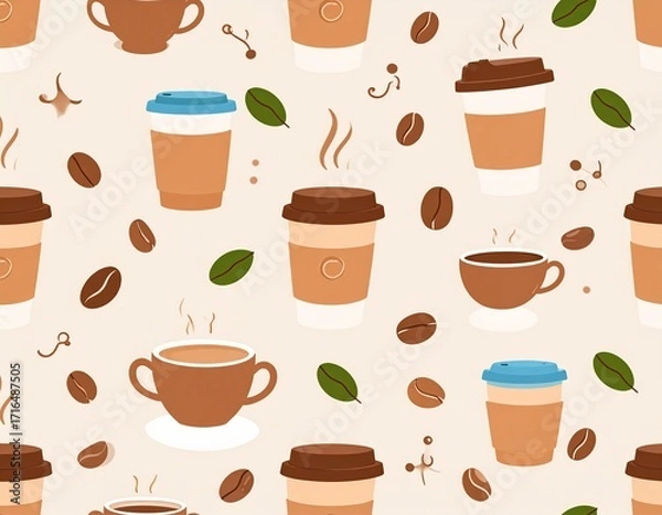 Fototapeta Seamless vector pattern featuring coffee cups, coffee beans, takeaway cups, and steam icons. Flat minimalist style with warm neutral colors (brown, beige, cream). Clean lines and simple shapes, arrang
