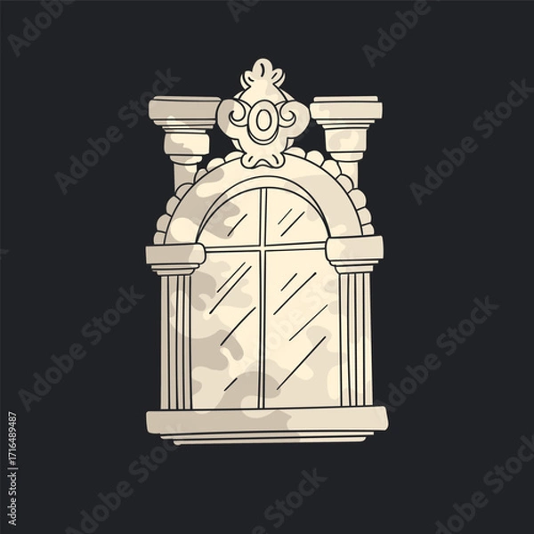 Fototapeta Vintage window with ornamental decor. Classical architecture. Vector illustration isolated on black background. Hand drawn.
