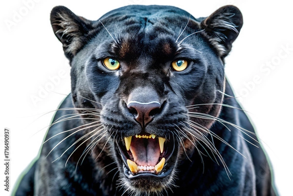 Obraz Powerful Black Panther A Close-Up Portrait of a Fierce and Dominant Predator, Showcasing Its Sharp Teeth and Intense Gaze