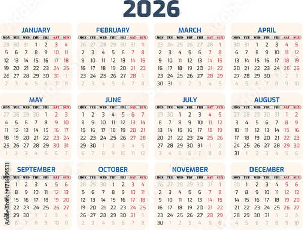 Fototapeta 2026 Calendar for Planning and Organization 