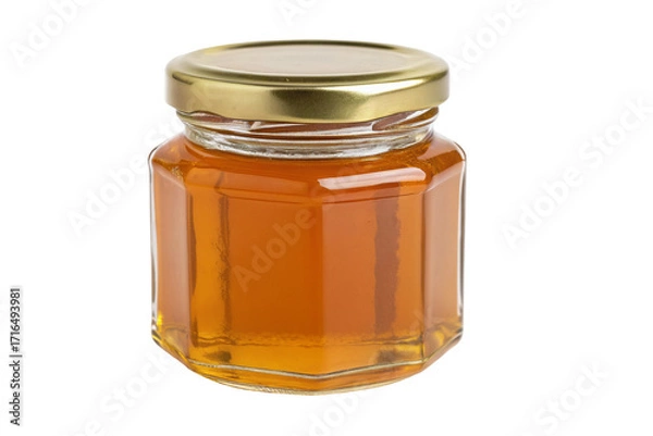 Fototapeta Pure natural honey in hexagon glass jar with gold lid isolated on plain white background image