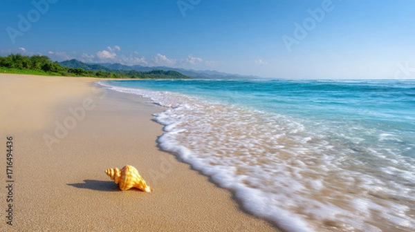 Obraz vast pristine beach with golden sands stretches along coastline adorned by solitary seashell
