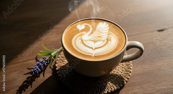 Fototapeta Aromatic coffee with beautiful swan latte art, a morning delight.