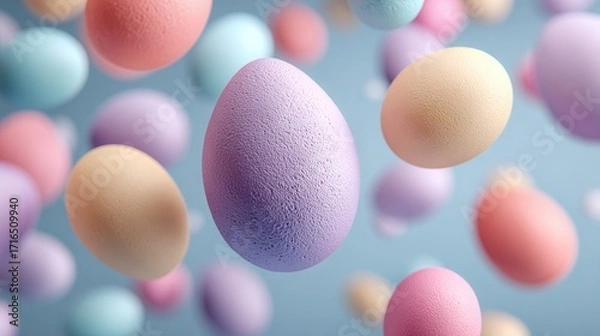 Fototapeta Scattered floating pastel Easter eggs on plain background