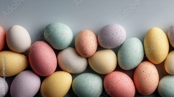 Fototapeta Scattered floating pastel Easter eggs on plain background
