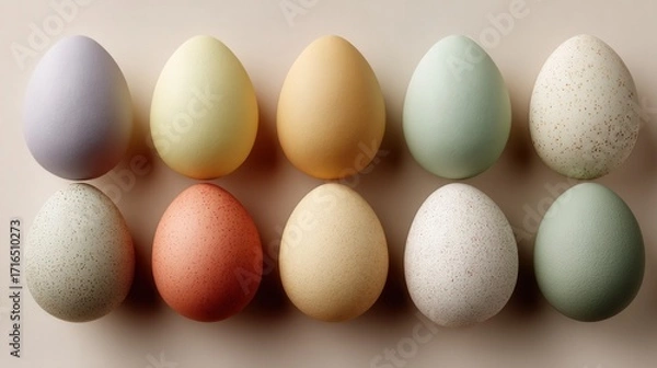Fototapeta Scattered floating pastel Easter eggs on plain background
