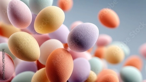 Fototapeta Scattered floating pastel Easter eggs on plain background