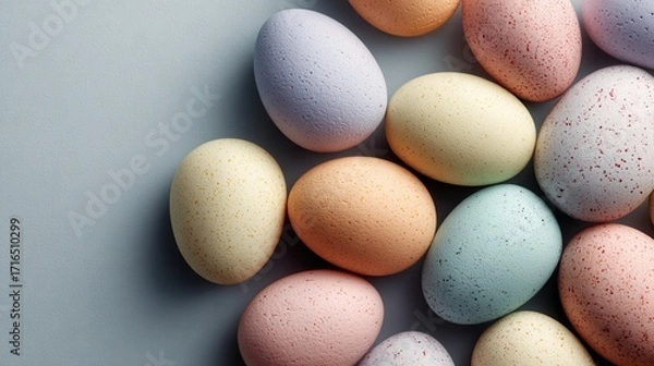 Fototapeta Scattered floating pastel Easter eggs on plain background