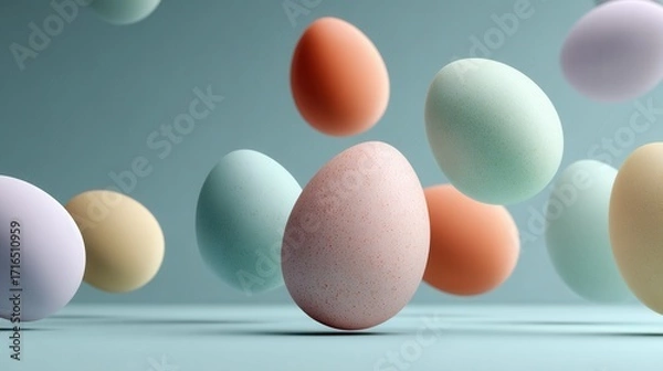 Fototapeta Scattered floating pastel Easter eggs on plain background