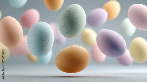 Fototapeta Scattered floating pastel Easter eggs on plain background