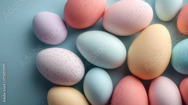 Fototapeta Scattered floating pastel Easter eggs on plain background