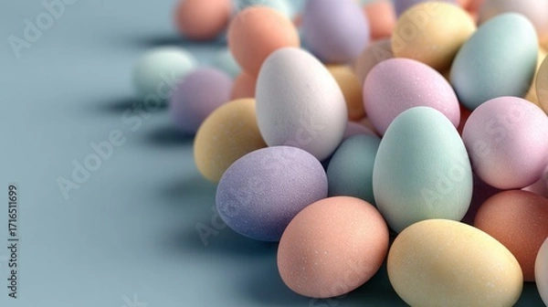 Fototapeta Scattered floating pastel Easter eggs on plain background