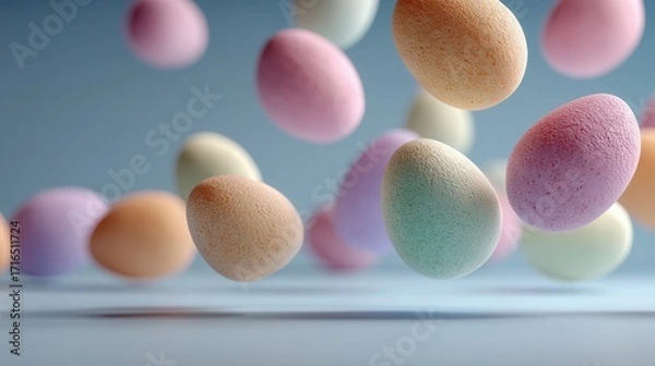 Fototapeta Scattered floating pastel Easter eggs on plain background