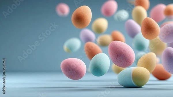 Fototapeta Scattered floating pastel Easter eggs on plain background