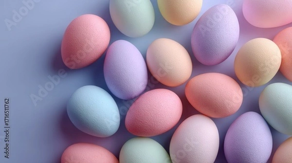 Fototapeta Scattered floating pastel Easter eggs on plain background