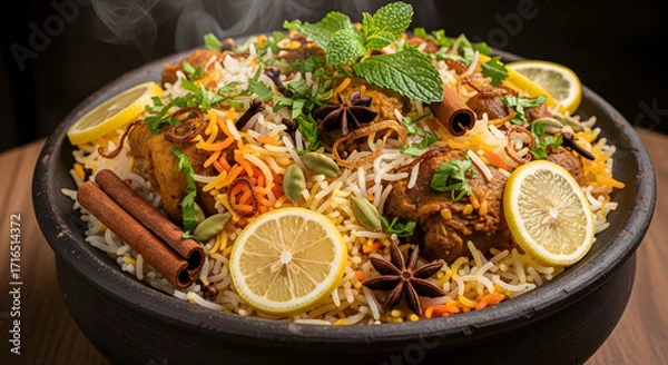 Fototapeta Aromatic chicken biryani dish steaming in a rustic bowl, garnished with lemon slices and fresh herbs.