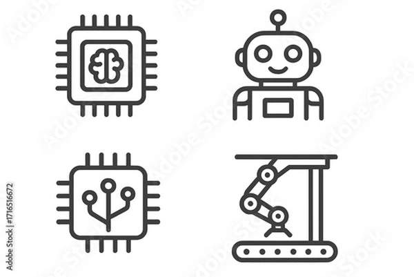Fototapeta Artificial intelligence and robotics outline icon set. Machine learning, factory automation, and cyborg concepts. Vector icons of robot, CPU chip, and industrial conveyor arm.
