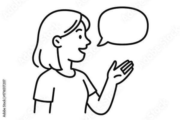 Fototapeta Woman talking with speech bubble. Person speaking, character dialogue, communication concept. Line art vector illustration for web design, social media. Message, idea, say icon.