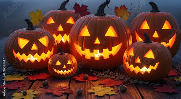 Fototapeta Spooky glowing jack-o'-lanterns arranged on a wooden surface surrounded by autumn leaves