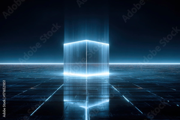 Fototapeta Futuristic cube, glowing blue, vault, copyspace pulse in dark sci fi grid horizon