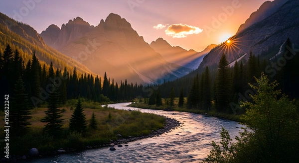 Fototapeta Golden sunbeams pierce through misty mountains illuminating a winding river through a dense pine forest.