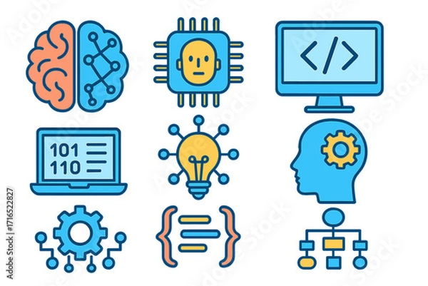 Fototapeta Artificial intelligence icon set. Machine learning, programming, data science concepts. Digital technology symbols like brain, chip, code, algorithm, network, and idea. Vector.