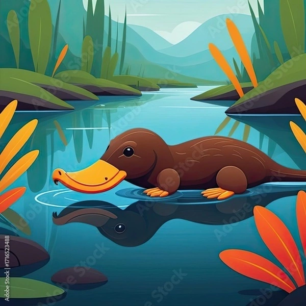 Fototapeta Colorful platypus swims in a serene river surrounded by lush green vegetation and mountains in the background