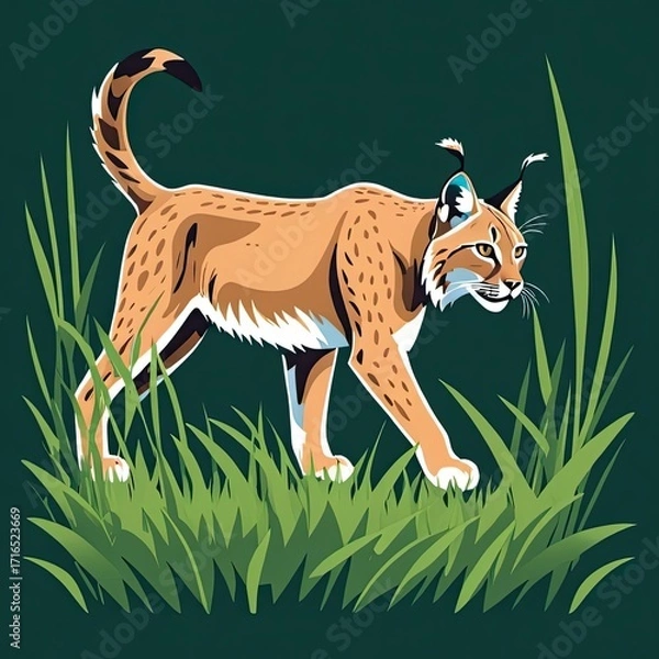 Fototapeta Lynx prowling through tall grass in a serene forest setting during a bright sunny day