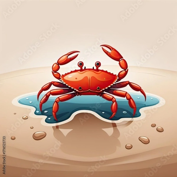 Fototapeta Bright red crab on sandy beach next to small pool of water at low tide during sunny day