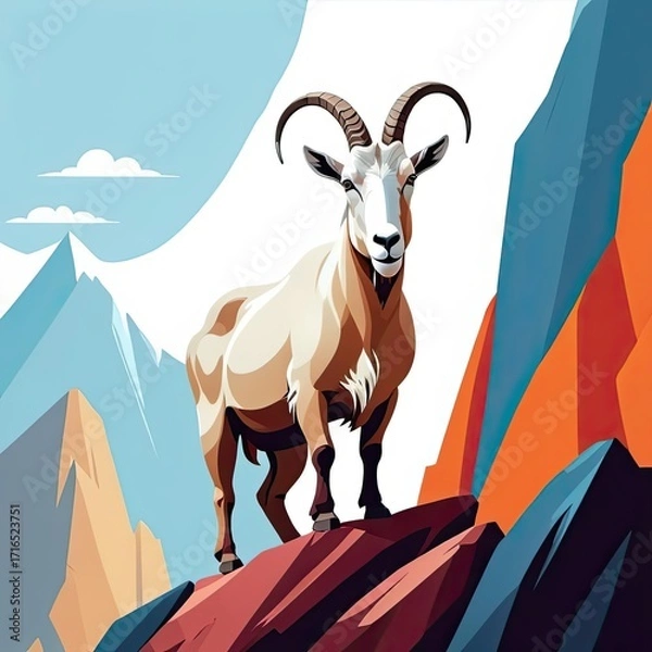 Fototapeta Mountain goat stands proudly on a rocky ledge surrounded by colorful peaks in a vibrant landscape