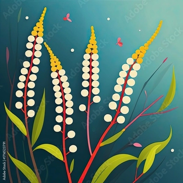 Fototapeta Colorful botanical illustration featuring yellow and white flowers with green leaves and pink butterflies in a serene backdrop