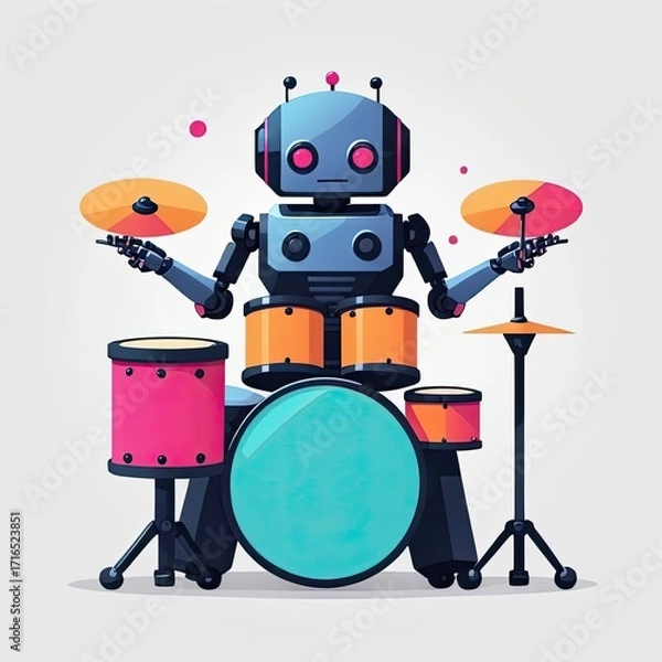 Fototapeta Colorful robot drummer performing in a vibrant digital art style
