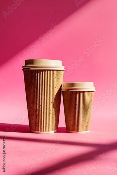 Obraz Two coffee cups of different sizes on a pink background with a shadow casting across the surface