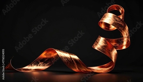 Fototapeta Copper ribbon swirls against a dark backdrop.  A dynamic, copper ribbon, textured and spiraling, is presented against a deep black background. 