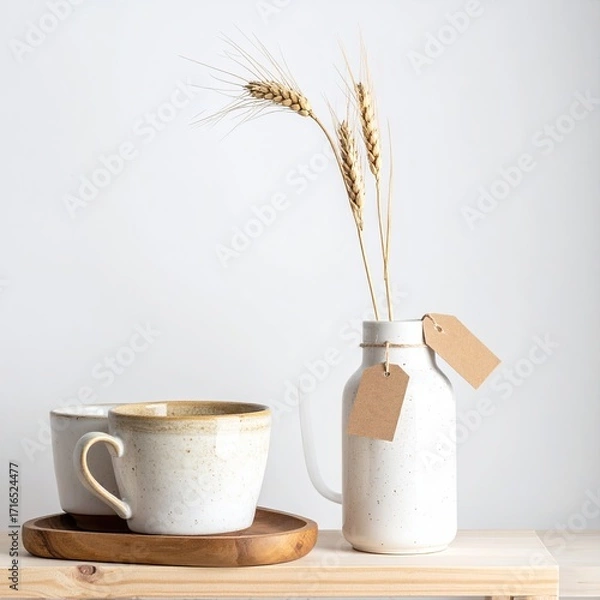 Fototapeta A simple still life featuring a white ceramic vase with wheat stalks and tags,  alongside two matching mugs
