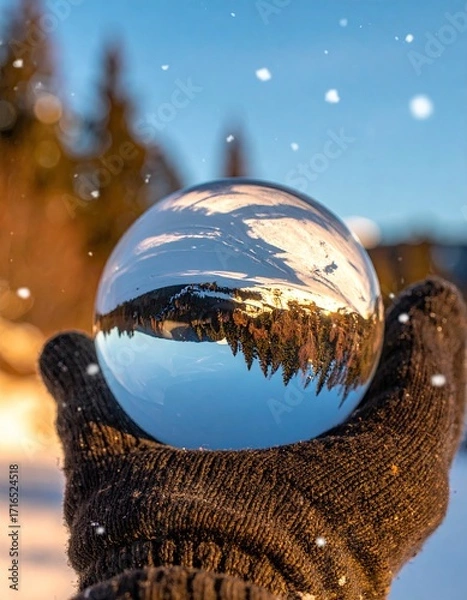 Fototapeta A hand in a dark-colored glove holds a crystal ball, reflecting a winter landscape.  Snowflakes drift in the background