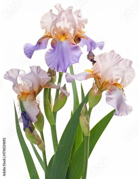 Fototapeta Delicate pastel irises on white background.  Soft lavender and peach-toned blossoms with green foliage.  Close-up view