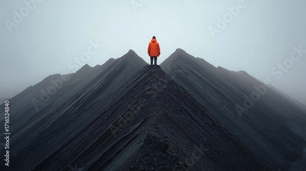 Fototapeta A person in an orange jacket stands atop a dark mountain ridge under a foggy overcast sky landscape