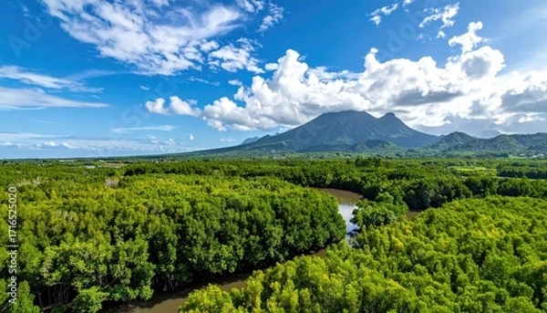Fototapeta Lush mangrove forest meets a winding river, framed by a distant mountain range under a vibrant blue sky